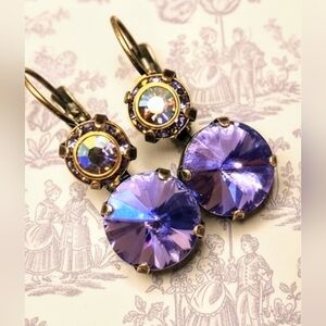 Purple Lilac Lavender Flower Swarovski Crystal In Two Stone Drop Brass Earrings